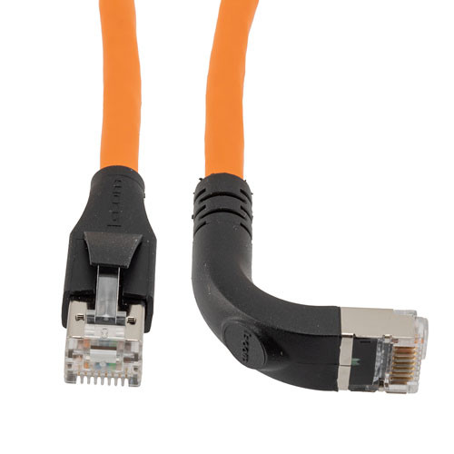Ethernet Category 6a 10gig Right Angle Patch Cable, F/UTP Shielded, 26AWG, RJ45 Straight to Down, CMX PVC, Orange, 10.0 ft