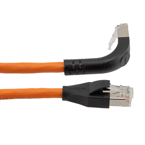 Ethernet Category 6a 10gig Right Angle Patch Cable, F/UTP Shielded, 26AWG, RJ45 Straight to Down, CMX PVC, Orange, 2.0 ft