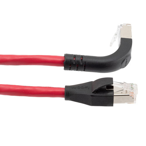 Ethernet Category 6a 10gig Right Angle Patch Cable, F/UTP Shielded, 26AWG, RJ45 Straight to Down, CMX PVC, Red, 3.0 ft