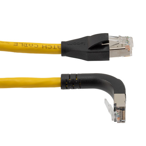 Ethernet Category 6a 10gig Right Angle Patch Cable, F/UTP Shielded, 26AWG, RJ45 Straight to Down, CMX PVC, Yellow, 1.0 ft