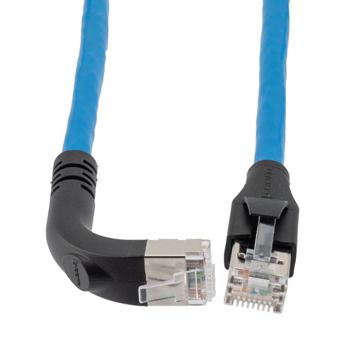 Ethernet Category 6a 10gig Right Angle Patch Cable, F/UTP Shielded, 26AWG, RJ45 Straight to Up, CMX PVC, Blue, 2.0 ft