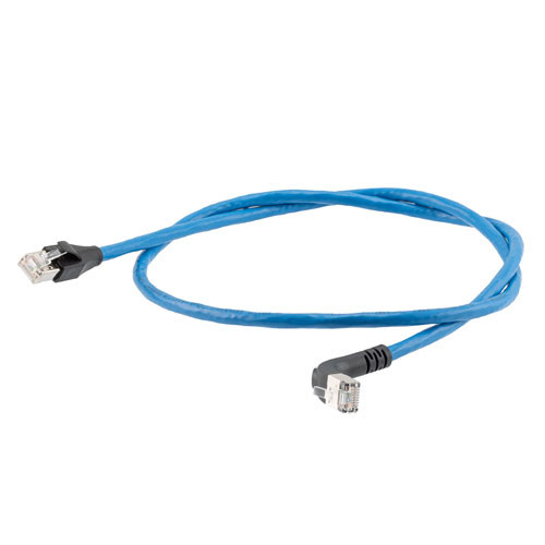 Ethernet Category 6a 10gig Right Angle Patch Cable, F/UTP Shielded, 26AWG, RJ45 Straight to Up, CMX PVC, Blue, 3.0 ft
