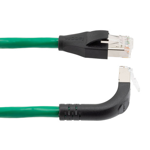 Ethernet Category 6a 10gig Right Angle Patch Cable, F/UTP Shielded, 26AWG, RJ45 Straight to Up, CMX PVC, Green, 1.0 ft