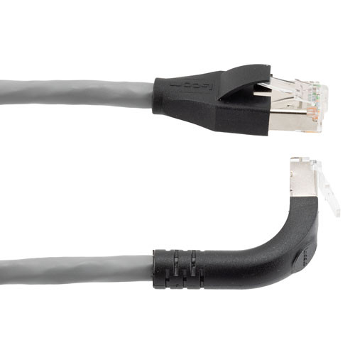 Ethernet Category 6a 10gig Right Angle Patch Cable, F/UTP Shielded, 26AWG, RJ45 Straight to Up, CMX PVC, Gray, 15.0 ft