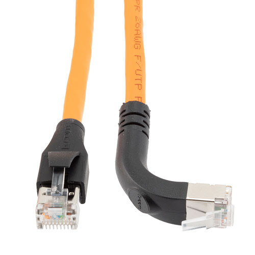 Ethernet Category 6a 10gig Right Angle Patch Cable, F/UTP Shielded, 26AWG, RJ45 Straight to Up, CMX PVC, Orange, 10.0 ft