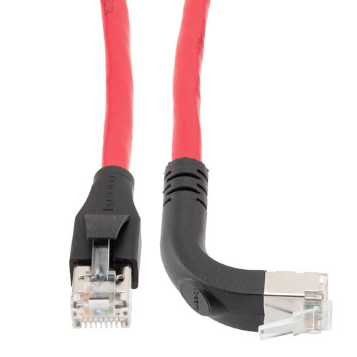Ethernet Category 6a 10gig Right Angle Patch Cable, F/UTP Shielded, 26AWG, RJ45 Straight to Up, CMX PVC, Red, 2.0 ft