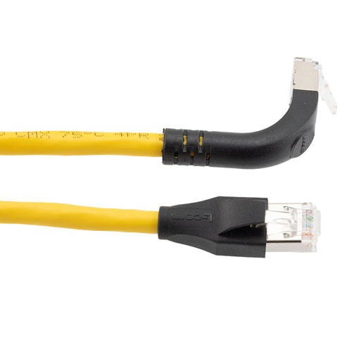 Ethernet Category 6a 10gig Right Angle Patch Cable, F/UTP Shielded, 26AWG, RJ45 Straight to Up, CMX PVC, Yellow, 10.0 ft