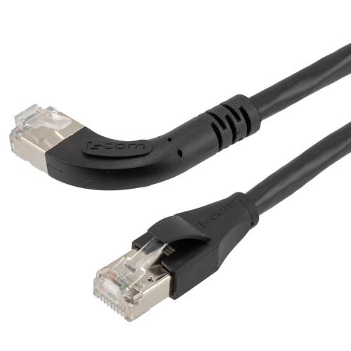 Ethernet Category 6a 10gig Right Angle Patch Cable, F/UTP Shielded, 26AWG, RJ45 Straight to Left, CMX PVC, Black, 7.0 ft