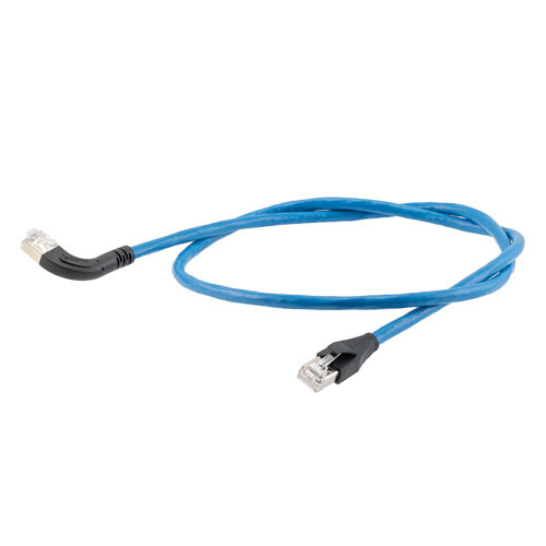 Ethernet Category 6a 10gig Right Angle Patch Cable, F/UTP Shielded, 26AWG, RJ45 Straight to Left, CMX PVC, Blue, 10.0 ft
