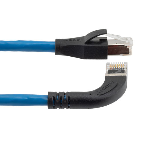 Ethernet Category 6a 10gig Right Angle Patch Cable, F/UTP Shielded, 26AWG, RJ45 Straight to Left, CMX PVC, Blue, 2.0 ft