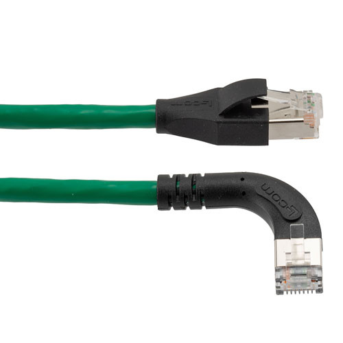 Ethernet Category 6a 10gig Right Angle Patch Cable, F/UTP Shielded, 26AWG, RJ45 Straight to Left, CMX PVC, Green, 10.0 ft