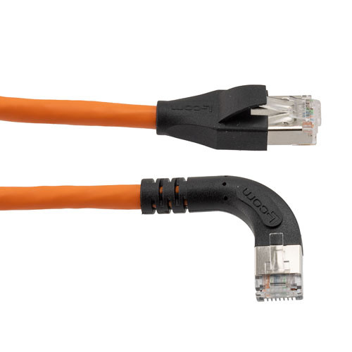 Ethernet Category 6a 10gig Right Angle Patch Cable, F/UTP Shielded, 26AWG, RJ45 Straight to Left, CMX PVC, Orange, 5.0 ft