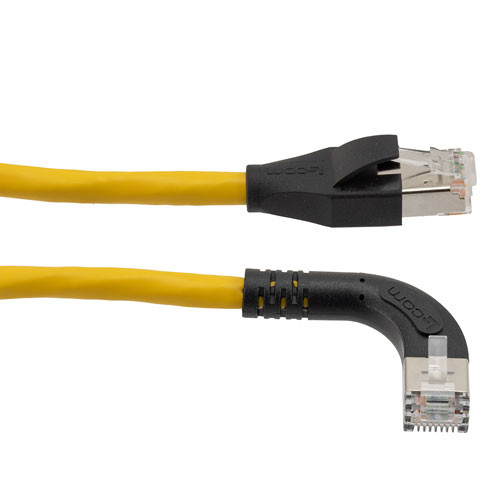 Ethernet Category 6a 10gig Right Angle Patch Cable, F/UTP Shielded, 26AWG, RJ45 Straight to Left, CMX PVC, Yellow, 3.0 ft