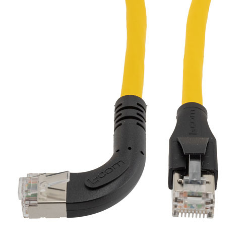 Ethernet Category 6a 10gig Right Angle Patch Cable, F/UTP Shielded, 26AWG, RJ45 Straight to Left, CMX PVC, Yellow, 3.0 ft