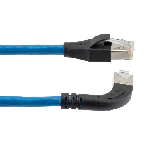 Ethernet Category 6a 10gig Right Angle Patch Cable, F/UTP Shielded, 26AWG, RJ45 Straight to Right, CMX PVC, Blue, 1.0 ft