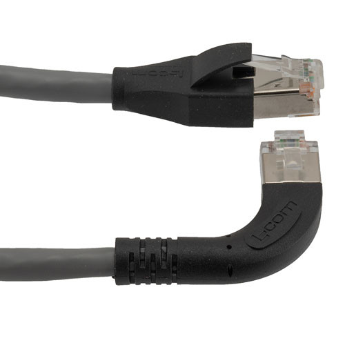Ethernet Category 6a 10gig Right Angle Patch Cable, F/UTP Shielded, 26AWG, RJ45 Straight to Right, CMX PVC, Gray, 15.0 ft