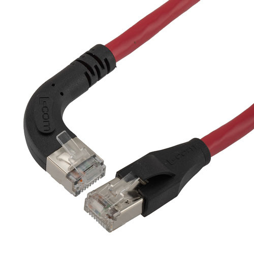 Ethernet Category 6a 10gig Right Angle Patch Cable, F/UTP Shielded, 26AWG, RJ45 Straight to Right, CMX PVC, Red, 10.0 ft