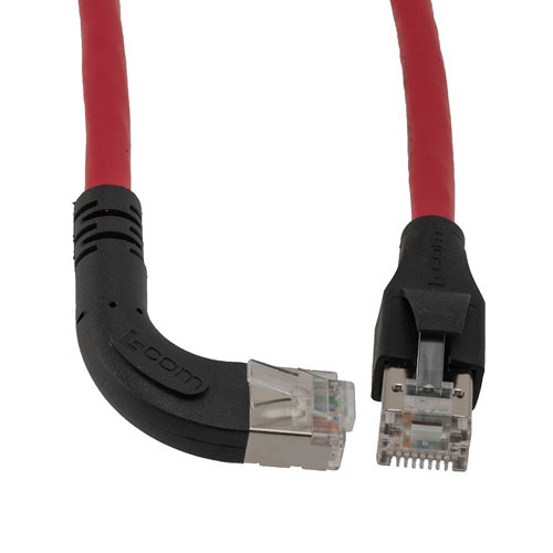 Ethernet Category 6a 10gig Right Angle Patch Cable, F/UTP Shielded, 26AWG, RJ45 Straight to Right, CMX PVC, Red, 3.0 ft