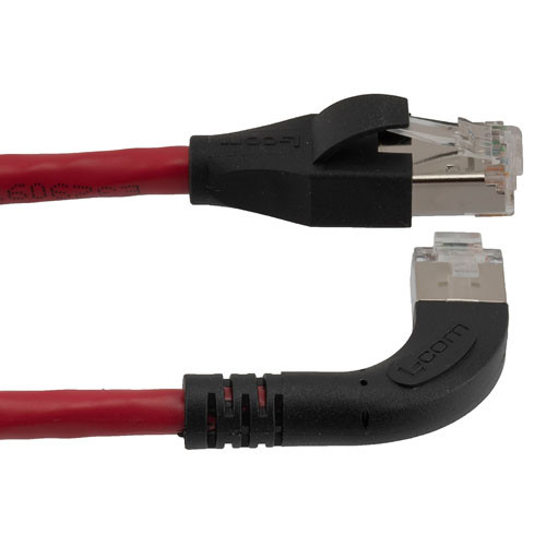 Ethernet Category 6a 10gig Right Angle Patch Cable, F/UTP Shielded, 26AWG, RJ45 Straight to Right, CMX PVC, Red, 3.0 ft