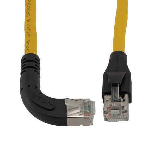 Ethernet Category 6a 10gig Right Angle Patch Cable, F/UTP Shielded, 26AWG, RJ45 Straight to Right, CMX PVC, Yellow, 7.0 ft