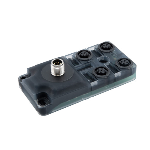 M12 IP67 One Piece Passive 4 Way Distribution Box with 4x M12 A-code 5 Pole Female Connectors to 1x M12 A-code 8 Pole Male Connector