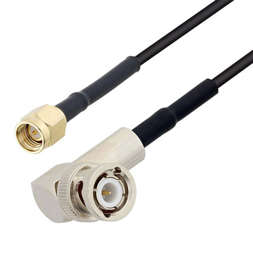 SMA Male to BNC Male Right Angle Cable Assembly using RG174 Coax, 2 FT with HeatShrink - LCCA31082-FT2