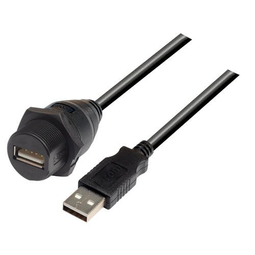 USB Cable, Waterproof Panel Mount Type A Female - Standard Type A Male, 5.0m