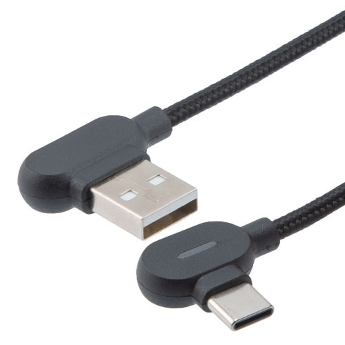 USB 2.0  Right Angle AM TO CM Cable with black cotton braid, Blue LED light, 2M