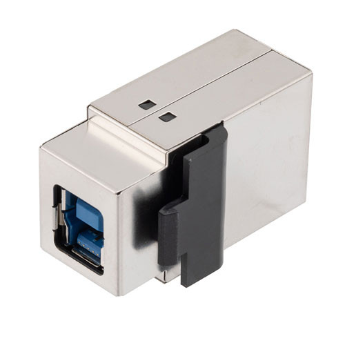USB 3.0 Keystone Style Coupler Adapter, In-Line Feed-thru, Stainless Steel Plated ABS, Shielded, B Female Jack to A Female Jack, Silver
