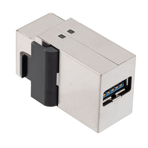 USB 3.0 Keystone Style Coupler Adapter, In-Line Feed-thru, Stainless Steel Plated ABS, Shielded, A Female Jack to A Female Jack, Silver