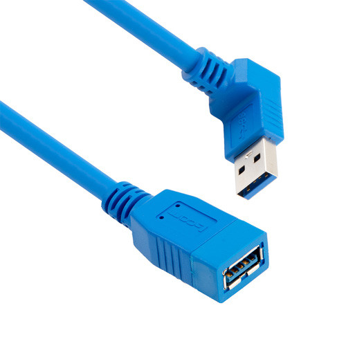 USB 3.0 Right Angle Extension Cable Assembly, A Female Jack to 90 Degree Up Angle A Male Plug, 28/26/22AWG, UL 2725 PVC, Blue, 3.0M