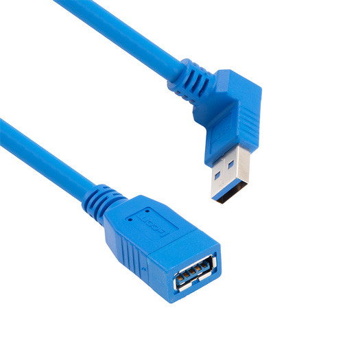 USB 3.0 Right Angle Extension Cable Assembly, A Female Jack to 90 Degree Down Angle A Male Plug, 28/26/22AWG, UL 2725 PVC, Blue, 3.0M
