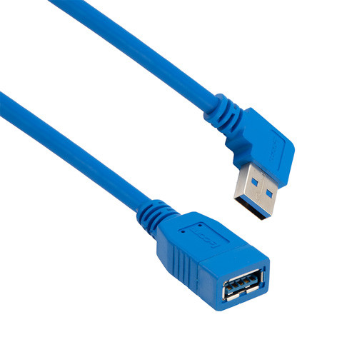 USB 3.0 Right Angle Extension Cable Assembly, A Female Jack to 90 Degree Left Angle A Male Plug, 30/24AWG, UL 2725 PVC, Blue, 0.3M