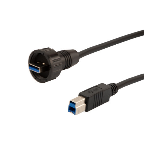Waterproof USB 3.0 Cable Assembly, IP67 A Male to Standard B Male, 30/24AWG, PVC Jacket, Black, 1.0M