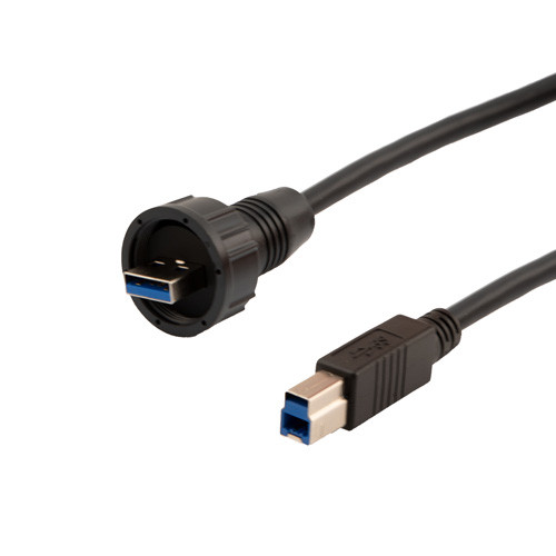 Waterproof USB 3.0 Cable Assembly, IP67 A Male to Standard B Male, 30/24AWG, PVC Jacket, Black, 0.5M