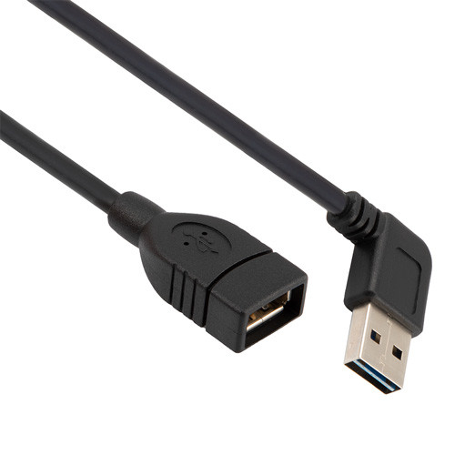 USB 2.0 Right Angle Extension Cable Assembly, A Female Jack to Left 90 Degree Angle A Male Plug, 28/24AWG, PVC, Black, 18 Inches