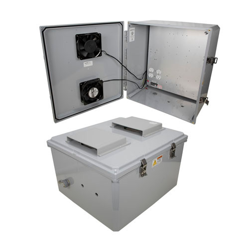 18x16x10 Polycarb Weatherproof NEMA 3R Enclosure, 120VAC Mnt Plate Mechanical Thermostat Fan Drk Gry