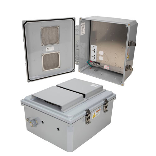 14x12x06 Polycarb WthPrf NEMA 3R Enclosure,120-240VAC Univ Outlet Mnt Plate, Vented Dark Gray