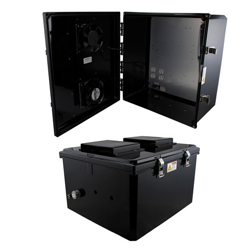 18x16x10 Polycarbonate Weatherproof Outdoor IP24 NEMA 3R Enclosure, 120 VAC MNT PLT, Mechanical Thermostat 85F Turn on Fan Black