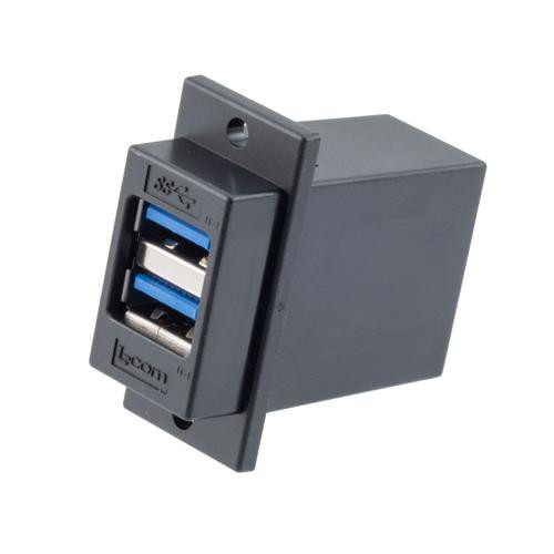 USB 3.0 Double Stack Adapter Coupler, ECF Flange Type 4 Panel Mount Style, Two A Type Female Jack to Two A Type Female Jack, , Black