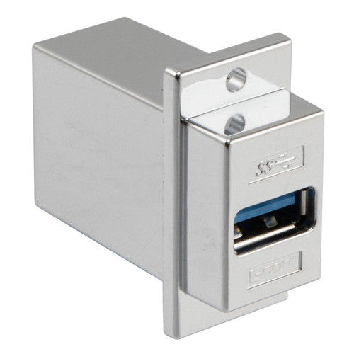 USB 3.0 Adapter Coupler Panel Mount ECF Flange Style Type 3, A Type Female to B Type Female, Chrome Plated Shielded ABS Housing, Silver