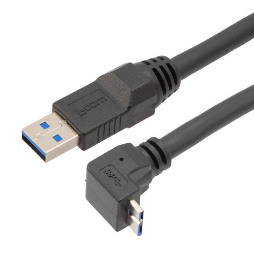 USB High Flex Drag Chain Cable, Type A Male Plug to Right Angle Up Micro Type B Male Plug, VW-1 PVC, Black, 2.0m