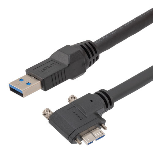 USB High Flex Drag Chain Cable, Type A Male Plug to Right Angle Left Micro Type B Male Plug, Vision Thumbscrews, VW-1 PVC, Black, 1.0m