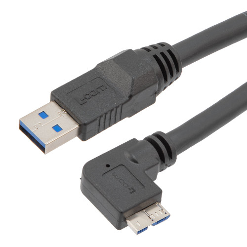 USB High Flex Drag Chain Cable, Type A Male Plug to Right Angle Left Micro Type B Male Plug, VW-1 PVC, Black, 1.0m