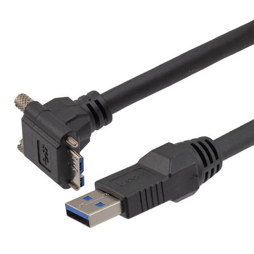 USB High Flex Drag Chain Cable, Type A Male Plug to Right Angle Down Micro Type B Male Plug, Vision Thumbscrews, VW-1 PVC, Black, 2.5m