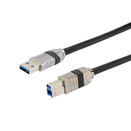 Ruggedized USB 3.0 Cable Assembly, A Male to B Male with Die Cast Shells and Optional Vision Thumbscrews, 28/26/22AWG, PVC, BLK, 1.0M
