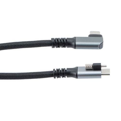 USB 3.2 Locking Cable, Type C Male Plug Top Screw to Right Angle Type C Male Plug, 5V, 3A, 5 Gbps, Black Nylon Braid over PVC Jacket, 1M
