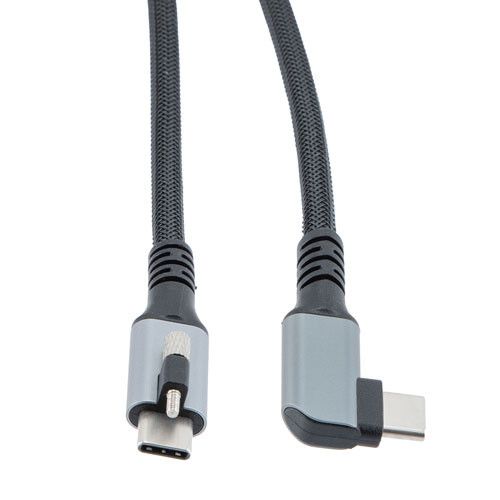 USB 3.2 Locking Cable, Type C Male Plug Top Screw to Right Angle Type C Male Plug, 5V, 3A, 5 Gbps, Black Nylon Braid over PVC Jacket, 1M