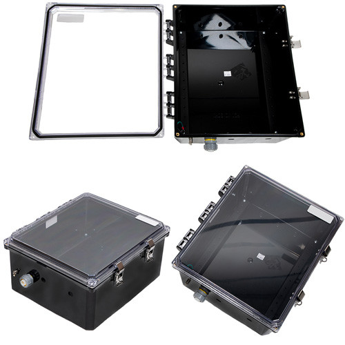 14x12x06 Polycarbonate Weatherproof Outdoor NEMA 4X Enclosure, DIN Rail Mount Clear Lid Black
