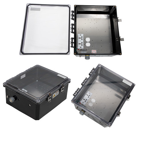 14x12x06 Polycarb Weatherproof NEMA 4X Enclosure, 120-240VAC Universal Outlet Mount Plate Clear Lid Black